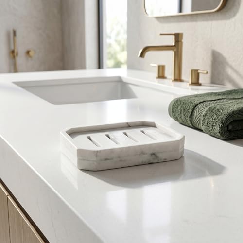 Drainable Soap Dish, Double Layer Resin Soap Holder with Marble-Look, Non-Slip Silicone Feet Soap Saver for Bathroom - color: Marble Look