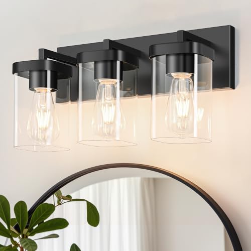 3-Light Bathroom Lighting Fixtures over Mirror, Matte Black Vanity Lights with Square Transparent Glass Shade, Modern Bathroom Vanity Light for Mirror Kitchen, Living Room, Gallery, Hallway - color: Matte Black, size: 3 Lights
