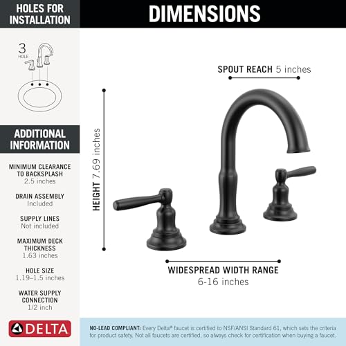 Delta Roe Matte Black Bathroom Faucet 3 Hole, 8 Inch Widespread Bathroom Sink Faucet for Vanity, Push-Pop Drain Assembly, Matte Black 35985LF-BL - color: Matte Black
