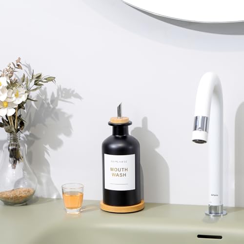 11.8OZ Glass Mouthwash Dispenser for Bathroom, Black | Stainless Steel & Bamboo Nozzle, Mouthwash Cup Reusable, Bamboo Tray, Elegant Gold Sticker - color: Black/350*1