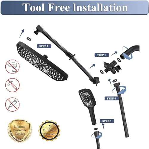 High Pressure Rain Shower Head with Handheld Spray Combo, 12 Inch Rainfall Shower Heads with Adjustable Extention Arm, Wide Dual Waterfall Showerhead with 3-Way Diverter(Matte Black) - color: Black, size: 12 Inch
