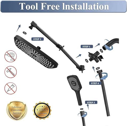 High Pressure Rain Shower Head with Handheld Spray Combo, 12 Inch Rainfall Shower Heads with Adjustable Extention Arm, Wide Dual Waterfall Showerhead with 3-Way Diverter(Matte Black) - color: Black, size: 12 Inch