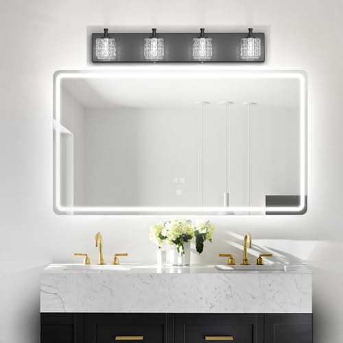 Ralbay Crystal Vanity Lights - 4 LED Modern Matte Black Bathroom Vanity Lights Over Mirror - color: Black, size: 26 inch