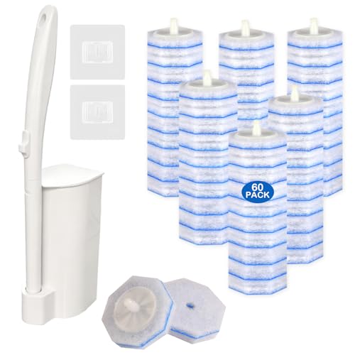 Disposable Toilet Brush and Holder Set, 60 Pre-Filled Refills | 5X Powerful No-Shed Pads, 360° Deep Toilet Bowl Clean, Toilet Bowl Cleaners with Storage Caddy & Adhesive Hooks - size: Toilet Brush Set + 60 Refill Heads