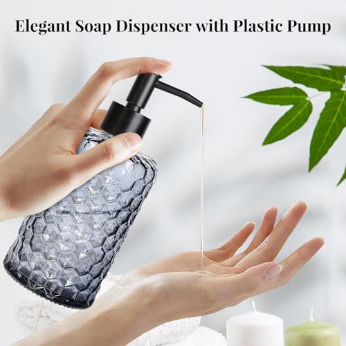 Clear Charcoal Blue Glass Soap Dispenser with Pump, 16oz Honeycombed Design Hand Soap Dispenser, Refillable Lotion & Dish for Dishwashing Liquid, Lotion - color: Honeycombed Blue Grey