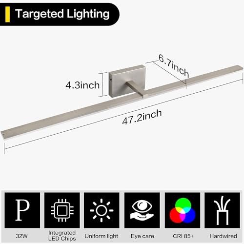 48 Inch Bathroom Vanity Lights Over Mirror Brushed Nickel Arm Over Cabinet Wide LED Bar 32W 2560lm 6000K ETL IP44 - color: Brushed Nickel, size: 48-inch