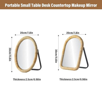 Vanity Table Desk Rattan Mirror 11.8'' x 7.8'',Boho Oval Makeup Mirror with Metal Stand,Portable Small Standing Countertop Mirror,Room Decor for Dresser,Tabletop, Bathroom,Bedroom,Living Room,Office