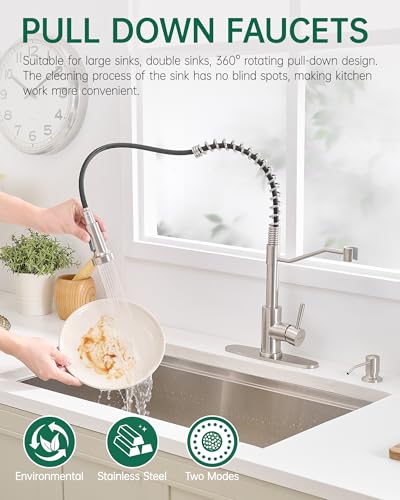 AIMADI Kitchen Faucet with Pull Down Sprayer and Soap Dispenser | Spring High Arc Design,Stainless Steel Sink Faucet,Single Handle,1 or 3 Hole with Deck Plate,Bar,RV,Laundry,Outdoor - color: Brushed Nickel