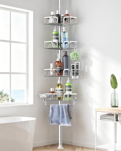 Corner Shower Caddy Tension Pole 4 Tier Adjustable Stainless Steel Shower Shelf for Inside Shower Bathtub Shampoo,Standing Bathroom Organizer Shelves with 26 to 120 inch Height - color: Silver