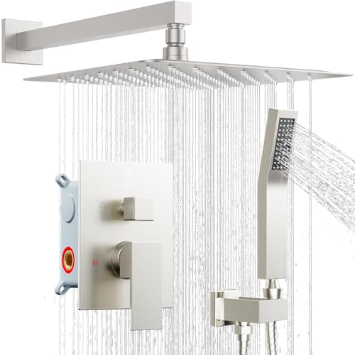 STARBATH Shower Faucet Set Shower System with Diverter Valve Brushed Nickel | 10" Wall Mount Rain Shower Head and Handheld Spray for Two Person,Shower System with Diverter Valve and Trim Kit Complete - color: Brushed Nickel, size: 10"-01
