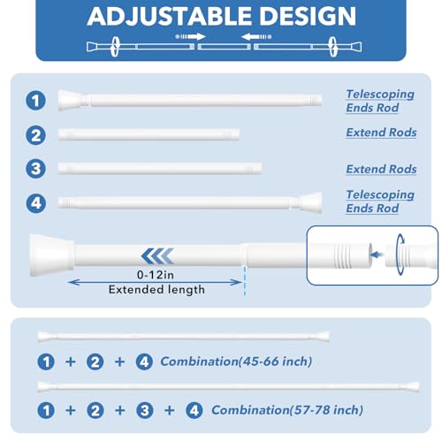 White Shower Curtain Rod - Adjustable 45-77 inch Tension Curtain Rod, Spring loaded Curtain Rod for Bathroom Window - color: White, size: 45 to 77 inch-1pc