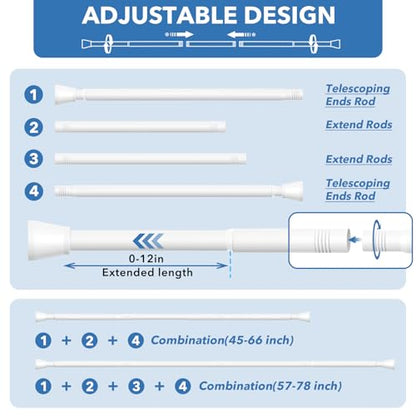 White Shower Curtain Rod - Adjustable 45-77 inch Tension Curtain Rod, Spring loaded Curtain Rod for Bathroom Window - color: White, size: 45 to 77 inch-1pc