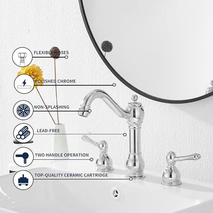 2 Handles 3 Holes Faucet Widespread Bathroom Sink Faucet Basin Tap Mixer Supply Hose Included Matching Pop Up Drain Polished Chrome - color: Chrome, size: Widespread