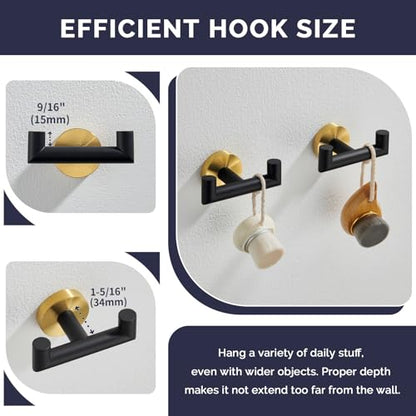 Angle Simple Double Towel Hooks, Bathroom Robe Coat Hook 2 Pack, Black Gold | Solid Stainless Steel, Heavy Duty Dual Holder for Shower Closet Kitchen Living room Entryway, Screws Wall Mounted - color: Black & Gold, size: 2 Pack