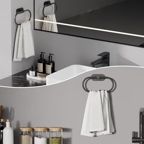 Adhesive Towel Holder for Bathroom Matte Black No Drill Hand Towel Ring Stainless Steel and Zinc Alloy Self Adhesive Towel Hanger for Bath, Kitchen - color: Matte Black