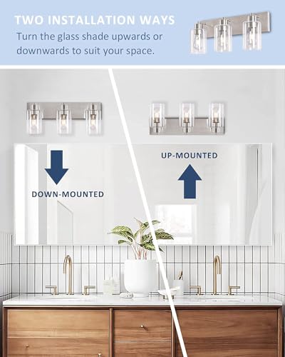 3-Light Bathroom Vanity Light Fixtures,Modern Wall Sconces,Bathroom Lights Over Mirror,Wall Mounted Lamp for Kitchen Living Room Bedroom Hallway,Brushed Nickel Finish with Clear Glass Shade | Brushed Nickel Metal Frame,Up/Down Wall Mount,cylinder Glass Sh