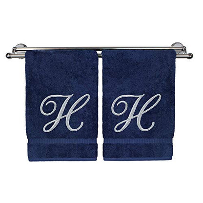 BC BARE COTTON Monogrammed Hand Towel, Navy, 16 x 30 Inches - Set of 2, Extra Absorbent 100% Turkish Cotton, Soft Terry Finish, for Bathroom, Kitchen and Spa - color: Silver on Navy, style: Initial H