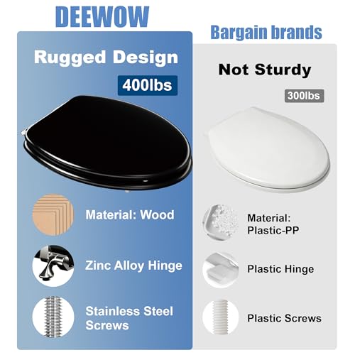 Deewow Black Elongated Wood Toilet Seat, Heavy Duty Toilet Seat with Baked Enamel Finish Support 400 lbs, Oval Wooden Toilet Lid with Chrome Hinges, Grip-Tight Bumpers - Easy to Clean, Quick Assembly - color: Black, size: Elongated Non-Slow Close