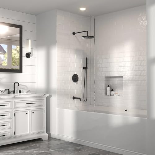 Lava Odoro Modern 3-Setting Round Rain Bathtub and Shower Faucet Set, Black Rainfall Shower Head and Handle Set, Rain Shower System with Tub Spout, Shower Valve Trim Kit, Matte Black, SF104-MB-T - color: Matte Black, style: With Tub Spout