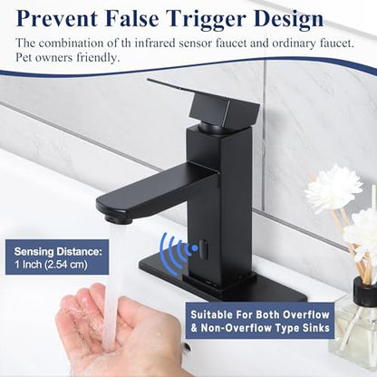 Herogo Touchless Bathroom Faucets Matte Black Stainless Steel Automatic Motion Sensor Bathroom Faucet RV Bar Sink Faucet for 1-3 Hole Single-Handle with Pop Up Drain Stopper Water Supply Hoses - color: Matte Black