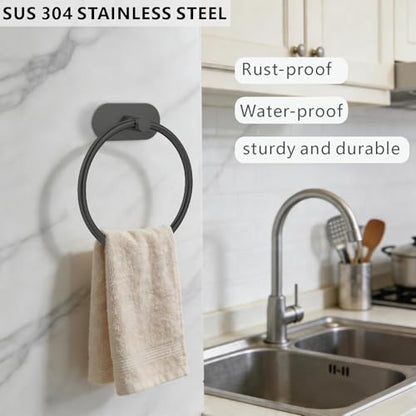 Self-Adhesive Towel Ring, No Drill Stainless Steel Round Hand Towel Holder, Rustproof Waterproof Towel Hanger with Strong Sticky Base, Modern Wall-Mounted Towel Loop for Bathroom Kitchen (Matte Black) - color: Matte Black