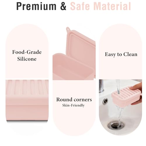 Silicone Travel Soap Case with Lid & Drain Tray, Leakproof, for Travel | Food-grade silicone, Leakproof seal, Built-in hook, Removable drain pad doubles as soap holder, For gym, travel, camping - color: Pink