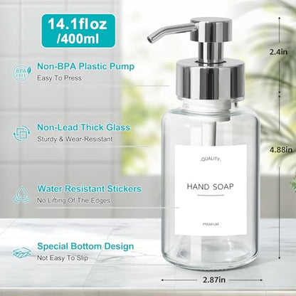 Foaming Soap Dispenser, 14.1 oz/400ml Foaming Hand Soap Dispenser, 2 Pack Glass Foaming Dispenser for Bathroom & Kitchen, Clear Refillable Liquid Dispenser Bottle with Waterproof Labels - color: Clear Bottle+silver Pump