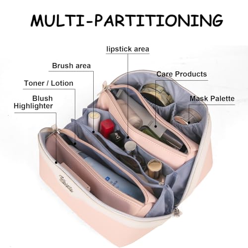 BOYATU Travel Makeup Bag Organizer Cosmetic Bag: 3 Pcs Set Make up Bags for Women with Handle - Waterproof Vegan Leather Toiletry Bags Travel Essentials Pouch with Compartments (A-09-Pink) - color: 02-D-Pink
