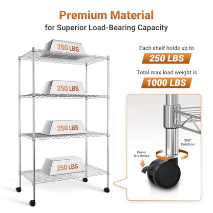 Simple Deluxe Heavy Duty 4-Shelf Shelving with Wheels, 35.43" D x 17.72" W x 61.02" H Adjustable Steel Organizer Wire Rack 1000 Lb Capacity, Chrome - color: Chrome, size: 4-Tier