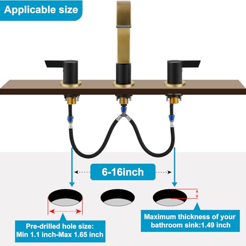 Midanya 8 Inch Widespread Bathroom Sink Faucet 3 Hole,Black and Gold Spout | Waterfall Swivel Spout,2 Handle,SUS304,with Pop Up Drain,cUPC 24" Water Hose,for 6-16” hole distance vanity,RV,Farmhouse Sink - color: Black/Gold Spout