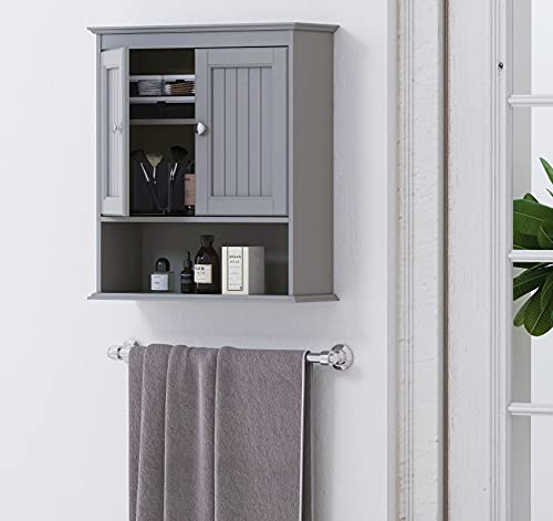 Spirich Bathroom Medicine Cabinet Over Toilet, Wall Mounted Cabinet, Gray | FSC-Certified Engineered Wood, Hidden & Open Storage, Adjustable Shelf, Modern Beadboard Design for Bathroom Kitchen Laundry - color: Grey