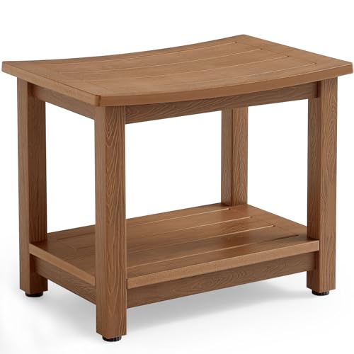 Heavy Duty HDPS Shower Bench Seat Waterproof Shower Stool with Storage | Bath Chair Seat with Adjustable Feet, Anti-Rotting, No-Slip, Space-Save, No Maintenance, 700LBS Load Capacity, Brown - color: Brown, size: L (21.3*14*17.3'')