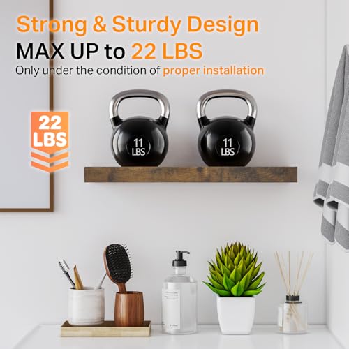 BAYKA Rustic Brown Floating Bathroom Shelves, 15.7in, 3Pk, Wall Mount Shelf | Metal Mesh Storage Basket, Easy Install, 22lbs Max Load, Hidden Bracket, for Over Toilet Bedroom Decor, Multi-Wall Compatible
