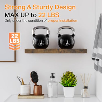BAYKA Rustic Brown Floating Bathroom Shelves, 15.7in, 3Pk, Wall Mount Shelf | Metal Mesh Storage Basket, Easy Install, 22lbs Max Load, Hidden Bracket, for Over Toilet Bedroom Decor, Multi-Wall Compatible