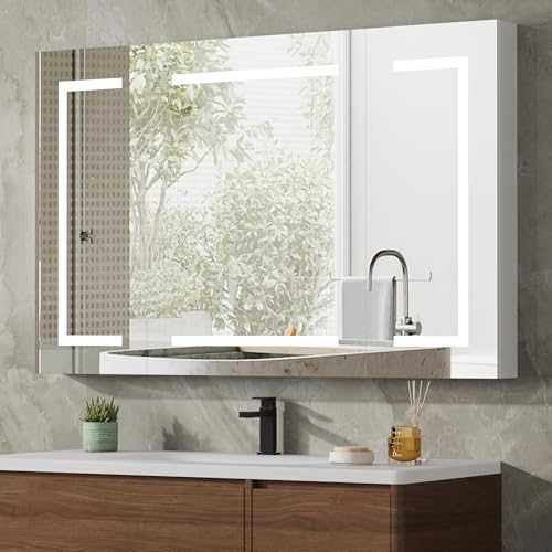 LED Medicine Cabinet with Mirror for Bathroom, Assembly-Free Lighted Medicine Cabinet, Defog, Stepless Dimming, 3 Colors, 2 Outlets, 2USB, Aluminum Wall Mounted Mirrored Cabinets, 48”Wx30“H - size: 48''W x 30''H Triple Door
