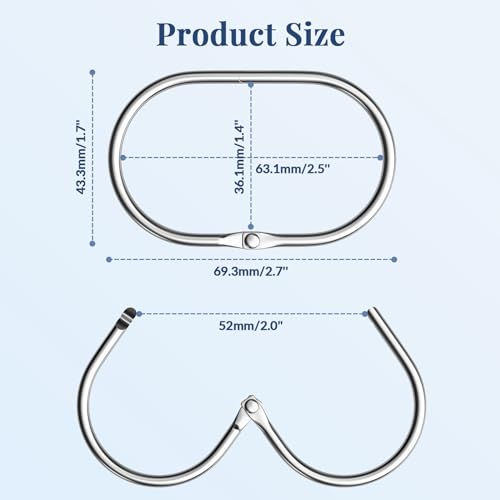Bathway Chrome Shower Curtain Rings - 12 Pcs Anti-Drop, Rust Proof Metal Shower Hooks for Curtain Rod - color: Chrome, style: Modern Oval