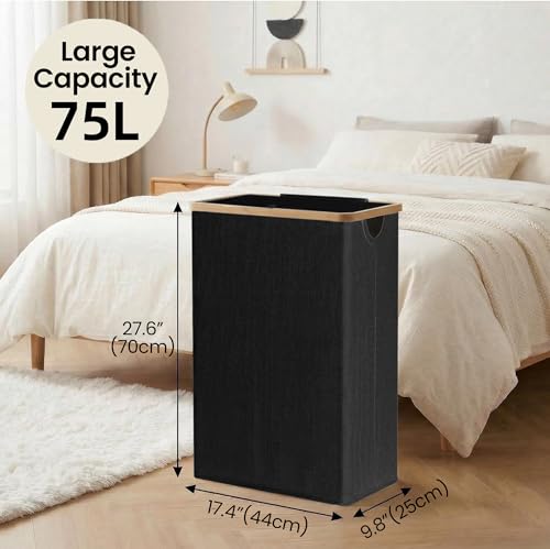 efluky Slim Laundry Basket with Lid, Narrow Laundry Hamper with Removable Bag, Skinny Dirty Clothes Basket with Bamboo Handles for Bathroom, Bedroom & Laundry Room, 75L Black - color: Black, size: 75L