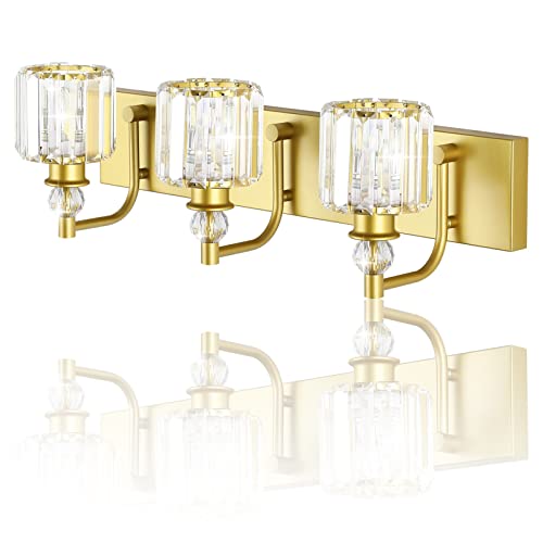 Ralbay Crystal Vanity Light 3 Light Gold Crystal Bathroom Vanity Lights Fixtures Over Mirror Modern Gold Vanity Light - color: Gold, size: 24 inch