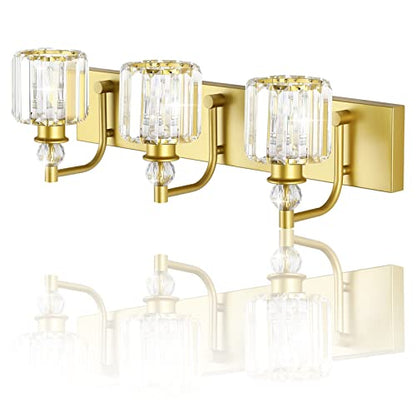 Ralbay Crystal Vanity Light 3 Light Gold Crystal Bathroom Vanity Lights Fixtures Over Mirror Modern Gold Vanity Light - color: Gold, size: 24 inch