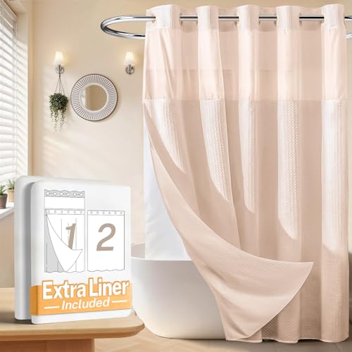 River Dream No Hooks Shower Curtain with 2 Snap in Liner, Pink, 71Wx74H | Waffle Weave, 1 Attached Snap in Liner and 1 Extra Replacement Liner, Bathroom Curtains Shower Set, Hotel Grade, Spa Like - color: Pink