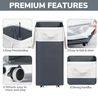 Goodpick 75L Rolling Laundry Basket with Wash Bag, Laundry Hamper for Dorm | Clothes Hamper with Removable Wash Bag for Laundry Room, Large Rolling Laundry Basket with Handles, Grey & White - color: Grey & White