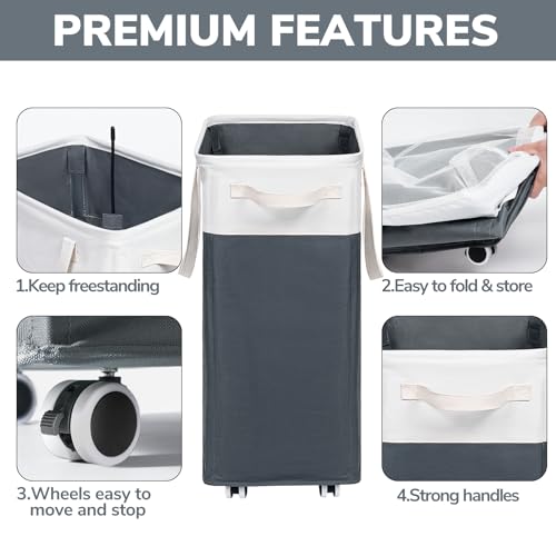 Goodpick 75L Rolling Laundry Basket with Wash Bag, Laundry Hamper for Dorm | Clothes Hamper with Removable Wash Bag for Laundry Room, Large Rolling Laundry Basket with Handles, Grey & White - color: Grey & White