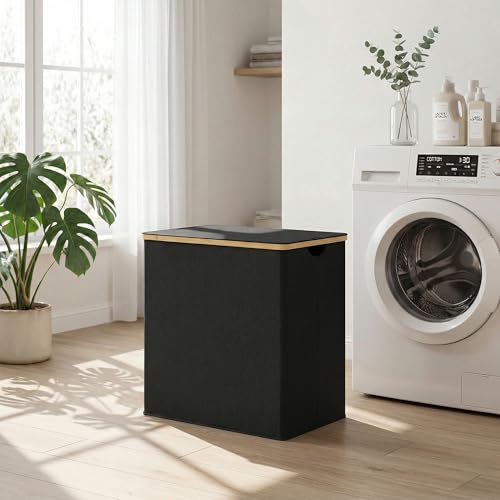 efluky Laundry Hamper with Lid, Double Laundry Basket with 2 Removable Bags, 2 Section Laundry Bin with Bamboo Handles for Bathroom, Bedroom & Laundry Room, 140L (36.9 Gallon) Black - color: Black, size: 140L Dual