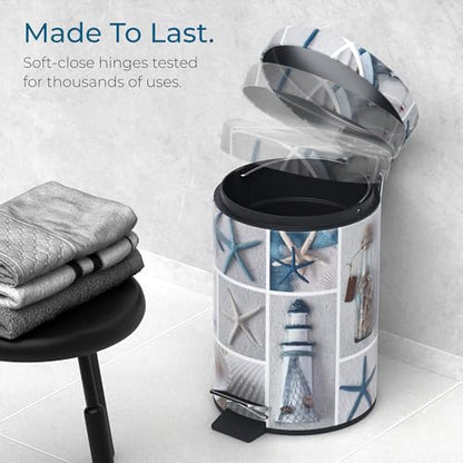 Sanilo Small Bathroom Trash Can with Lid [1.3 Gallon] - Lidded Tiny Trashcan for Garbage - Mini Metal Bin with Soft Closing Mechanism - Bath Room Accessoire Wastebin with Inner Bucket (Sea Breeze) - color: Sea Breeze