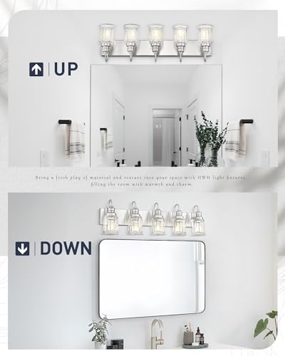 Bathroom Light Fixtures, HWH 5-Light Vanity Light, Modern Brushed Nickel Wall Lighting Over Mirror, Bell-Shaped Striped Glass, 5HZG106B-5W BN - color: Brushed Nickel, size: 5-Light