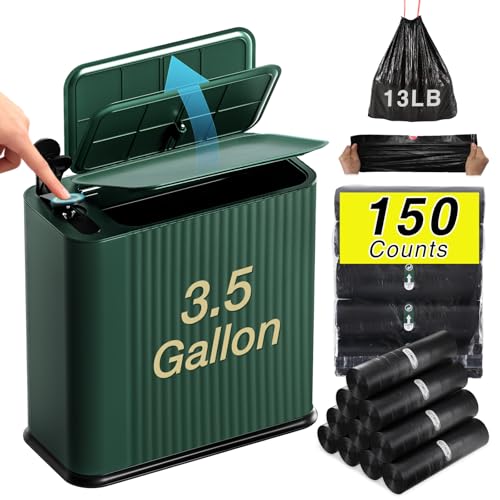 Bathroom Trash Can with Lid 13 Liter/ 3.5 Gallon Green Small Trash Can with Pop-Up Lid Bedroom Trash Can Small Garbage Can with 150 Counts Trash Bags for Small Bathroom Bedroom Office - color: Dark Green