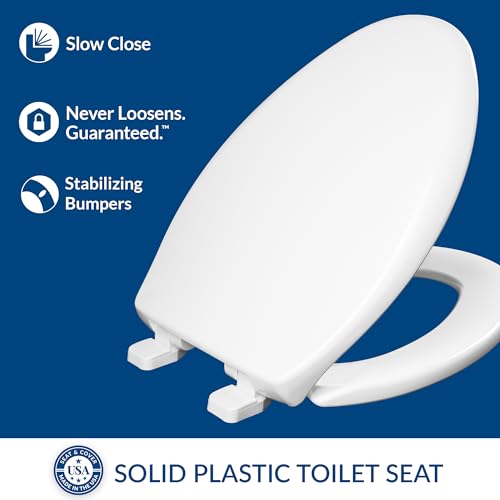 Mayfair Collins Slow Close Toilet Seat, Durable Plastic Seat with Extra Stability Bumpers and Secure Hinges, Made in USA, Elongated, White - size: Elongated