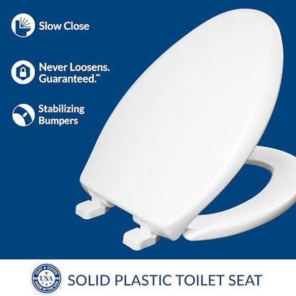 Mayfair Collins Slow Close Toilet Seat, Durable Plastic Seat with Extra Stability Bumpers and Secure Hinges, Made in USA, Elongated, White - size: Elongated