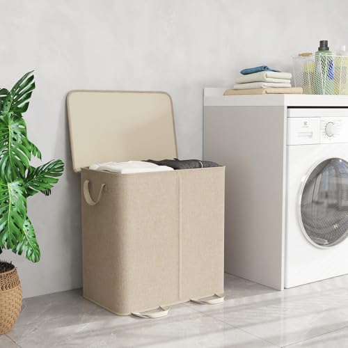 Lifewit Double Laundry Hamper with Lid and Removable Laundry Bags, Large Collapsible 2 Dividers Dirty Clothes Basket with Handles for Bedroom Laundry Room Closet Bathroom College, 136L Beige - color: Beige, size: 136L