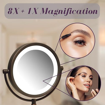 JERDON Lighted Makeup Mirror with 8X Magnification - Bronze - HL8808BZL | Two-Sided 1X View, 8.5" Round Frame, 16" Tall, LED Lighting - color: Bronze